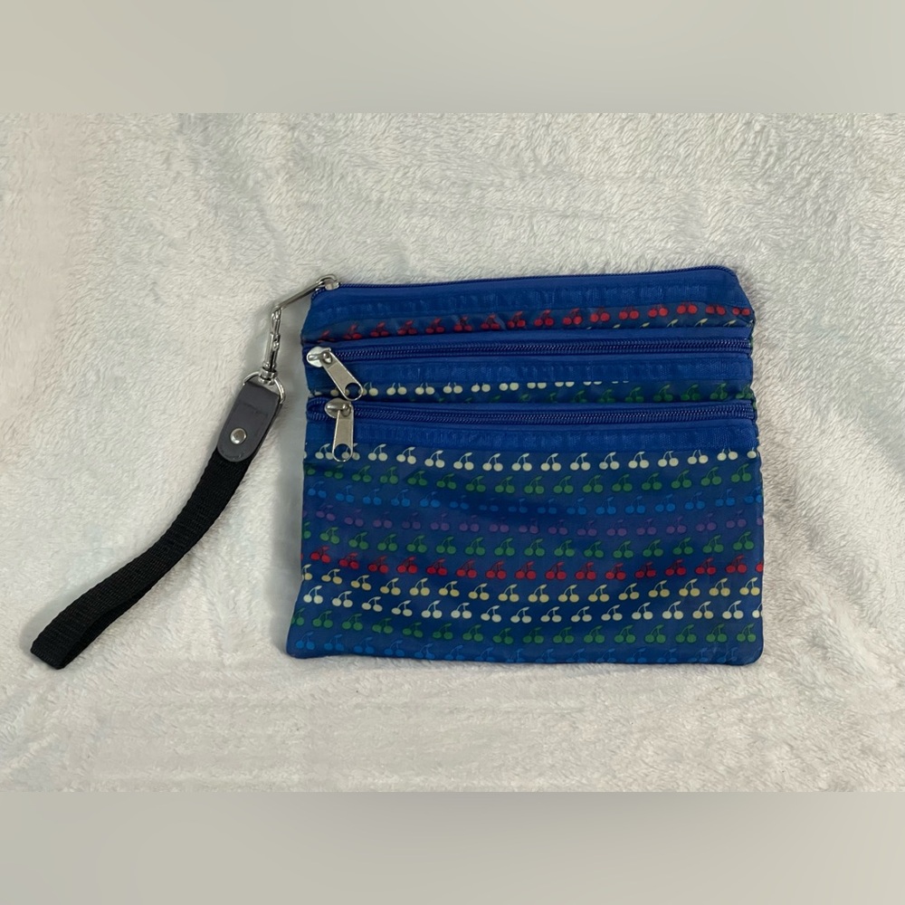 Three pocket travel, wristlet bag blue with cherries, vintage 80s